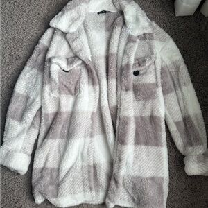 SHEIN White and Gray Teddy Jacket